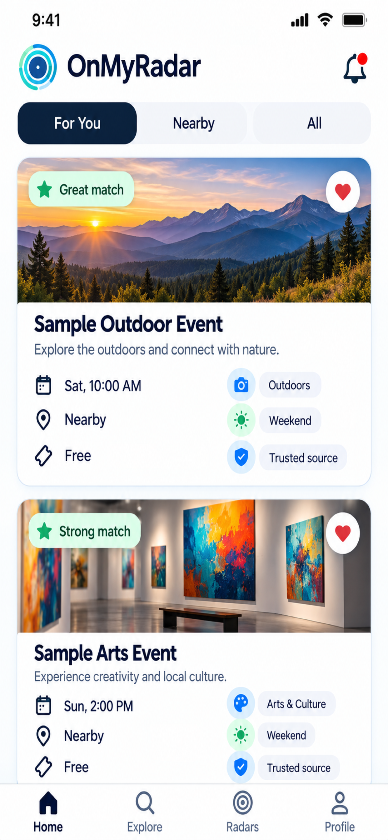 OnMyRadar showing personalized event matches and why they fit