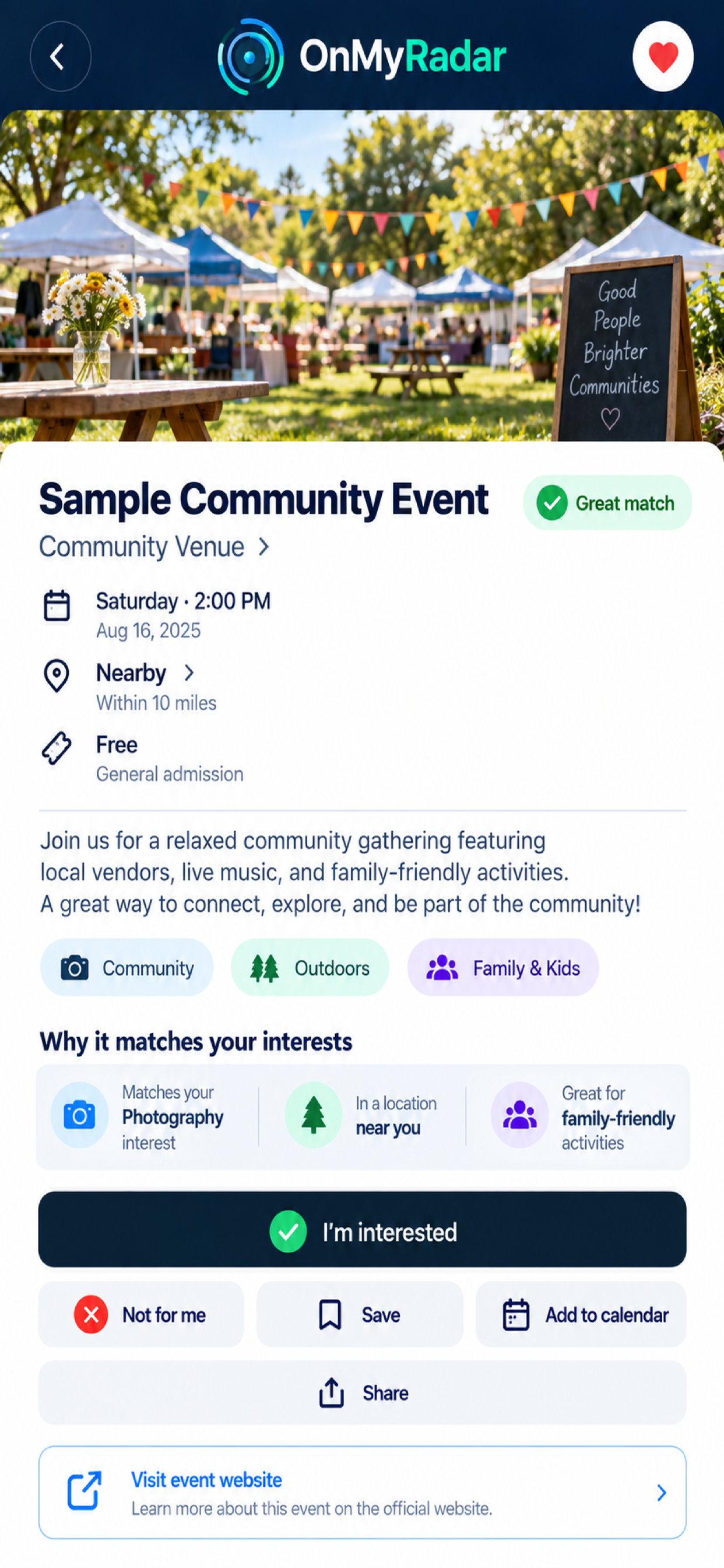 OnMyRadar event details with feedback and save controls